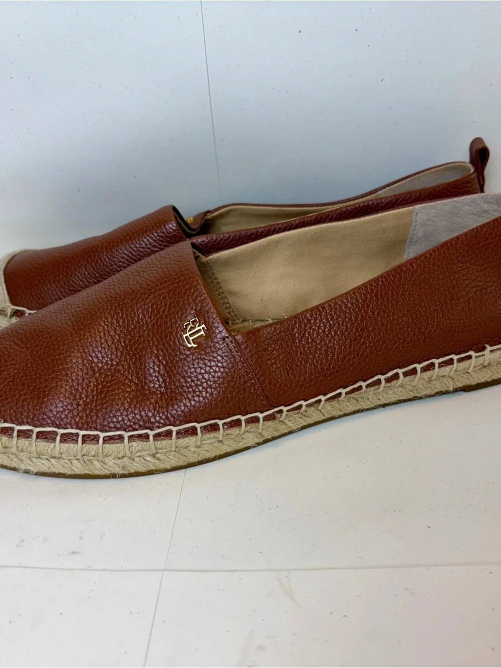 New Lauren Ralph Lauren Brown Pebbled Leather Espadrille Flats size 8